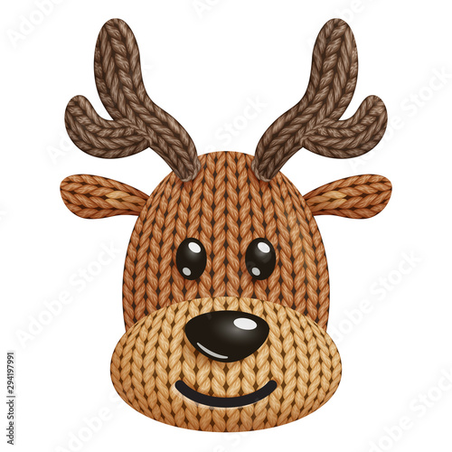 Illustration of a funny knitted reindeer toy head. On white background photo