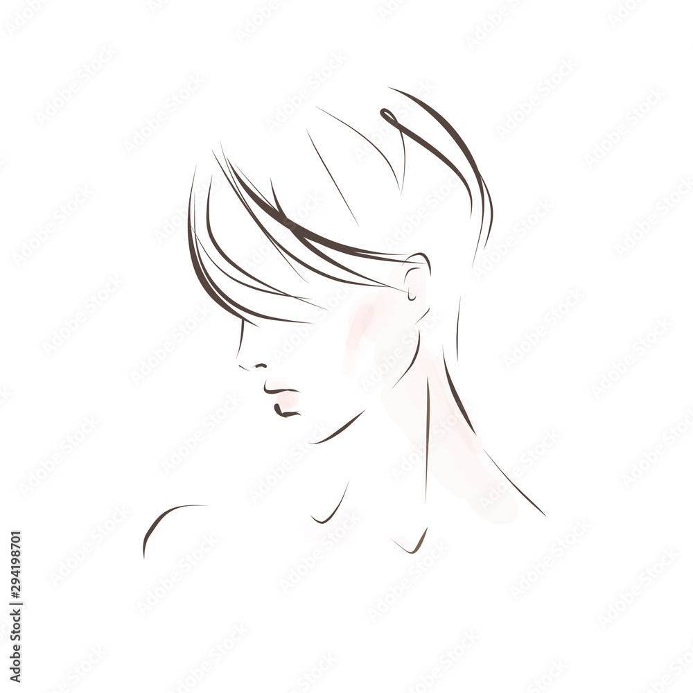 Portrait of young woman with short hair. Hand-drawn illustration on the theme of hairdressing. Sketch, vector. Portrait of young woman with short hair. Hand-drawn illustration on the theme of hairdressing. Sketch, vector.