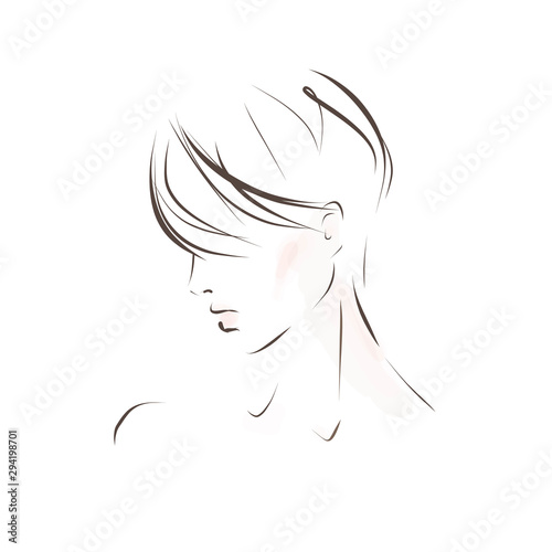 Portrait of young woman with short hair. Hand-drawn illustration on the theme of hairdressing. Sketch, vector.
