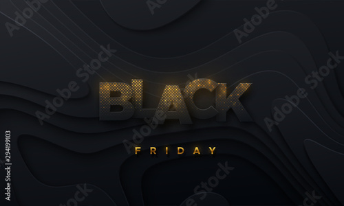 Black Friday. Promotional sale event. Vector illustration of black letters with shimmering golden glitters. Abstract background with topographic relief. Ads sign. Banner design