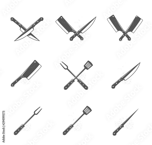 Set of bbq and grill tools isolated on white background. Design elements for menu, poster, emblem, sign. Vector monochrome illustration