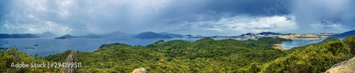 Panoramic view from whale island to the sea with fishing villages on the water and the mainland. Vietnam.