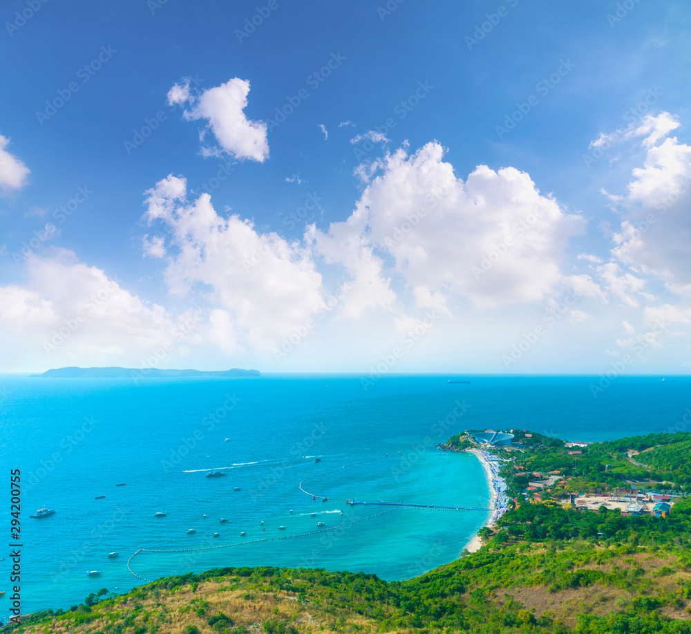 sea view of Tropical blue sea, white sand and blue sky at Koh Larn island, Pattaya city, Chonburi, Thailand