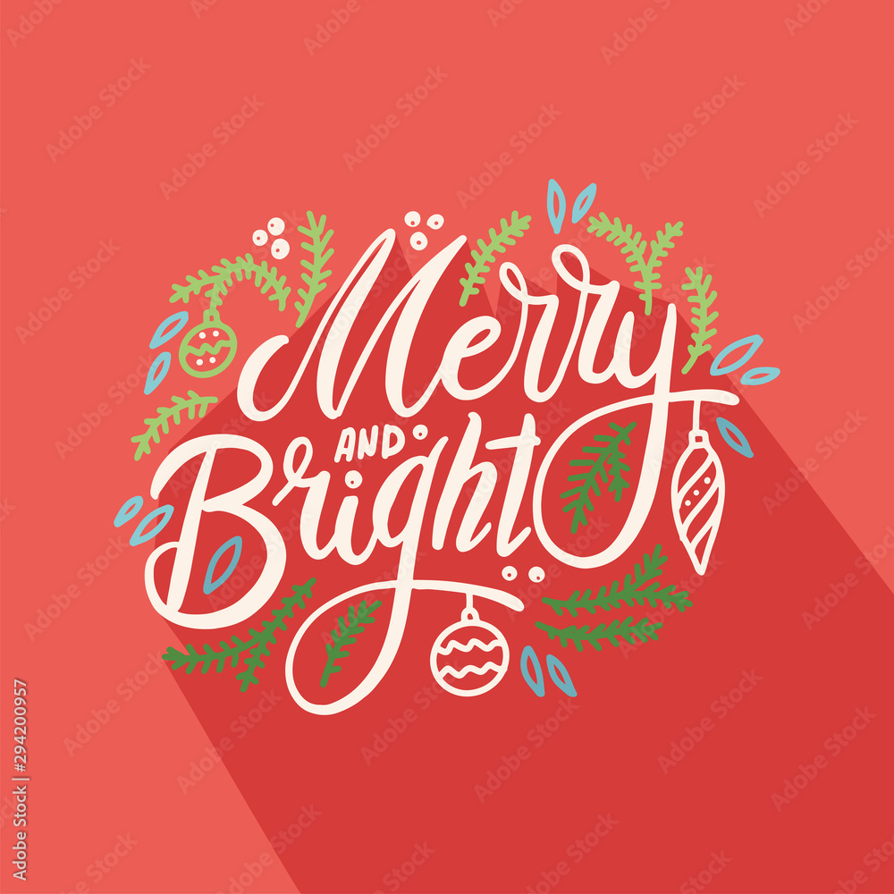 Christmas festive greeting card design. Fir tree branch with hanging decorative baubles and lettering composition. New Year holidays postcard with congratulation. Christmas festive greeting card design. Fir tree branch with hanging decorative baubles and lettering composition. New Year holidays postcard with congratulation.