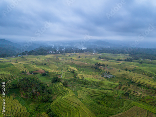 indonesia travel destination, aerial view of earth. amazing paddy fields in north bengkulu