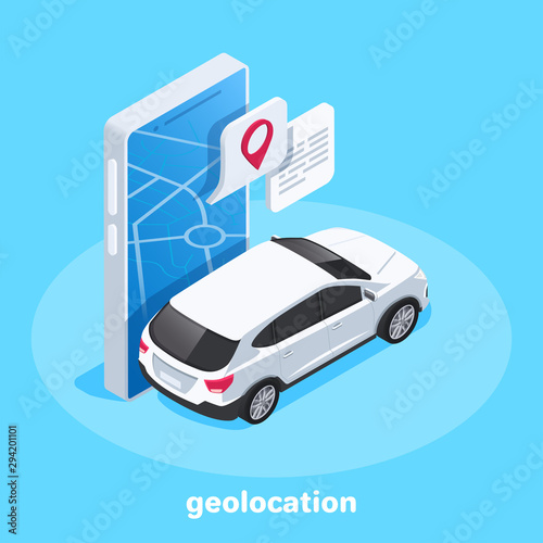 isometric vector image on a blue background, a map of the city on a large smartphone and the location icon to which the car is traveling, GPS navigation and geolocation