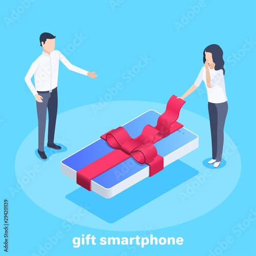 isometric vector image on a blue background, business concept, man gives a woman a smartphone tied with a red ribbon with a bow
