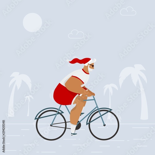 Santa in sunglasses riding bicycle in tropical palmbeach. Merry Christmas greeting card. Travel, vacation and delivery concept vector illustration.