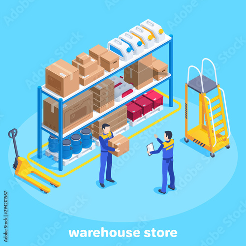 isometric vector image on a blue background, business concept, men in work overalls work in a warehouse, a shelf with boxes and canisters, equipment for transportation of goods