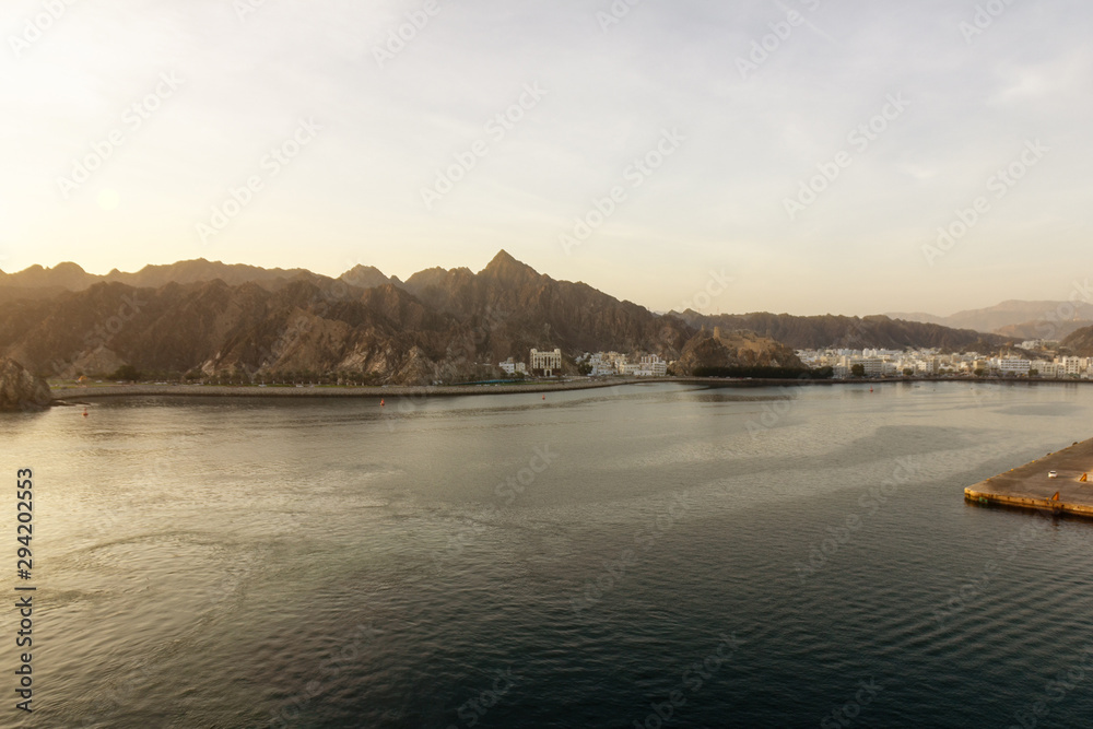 Muscat coast city mountain morning landscape, Oman