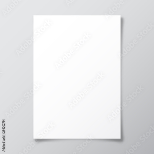 Realistic blank paper sheet with shadow in A4 format. Notebook or book page with curled corner. Vector illustration.