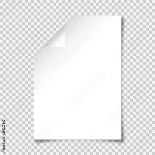 Realistic blank paper sheet with shadow in A4 format on transparent background. Notebook or book page with curled corner. Vector illustration.