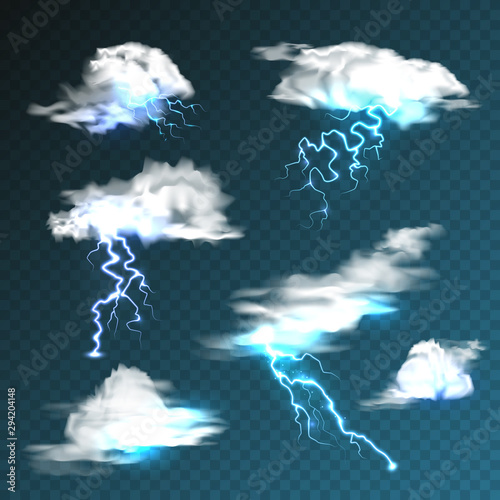 Realistic clouds with lightning set on transparent background. Thunderstorm and lightning bolt. Sparks of light. Stormy weather effect. Vector illustration.