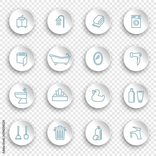 Restroom, Bathroom, Toilet con Set. Linear icons on round stickers with transparent shadows