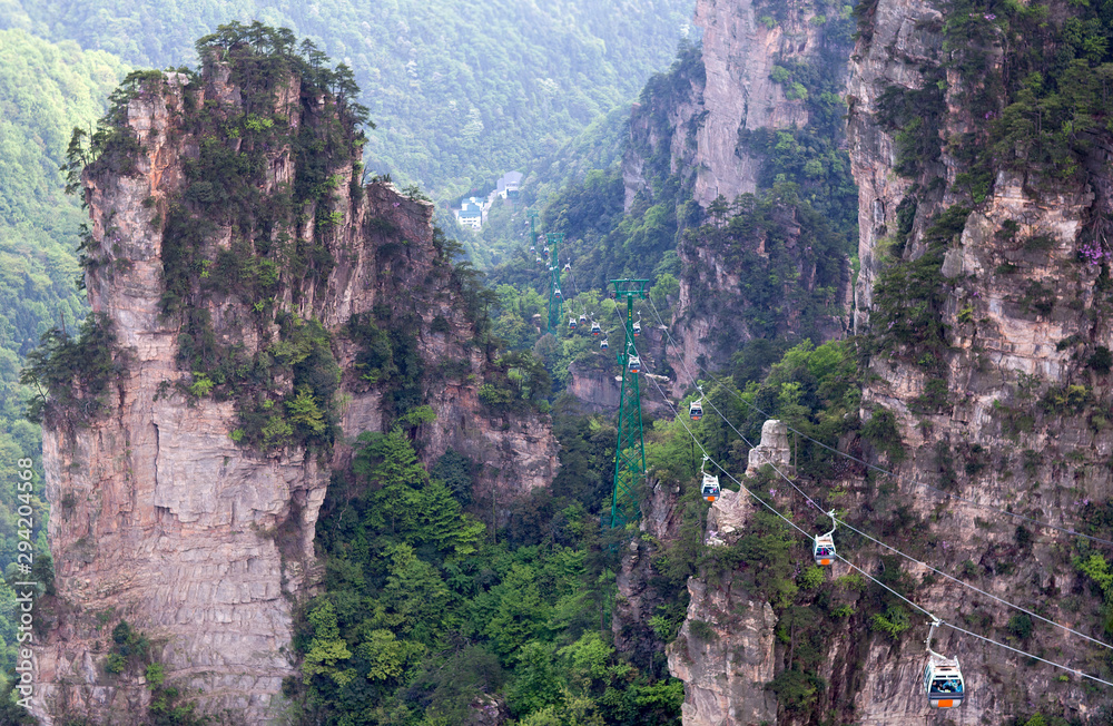 Cable cars on its way to the top Tianmen peak in Zhangjiajie National Forest Park, Hunan Province, China