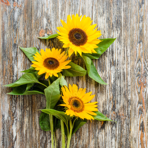 Autumn background with a bouquet of yellow sunflowers on vintage textured wooden table.