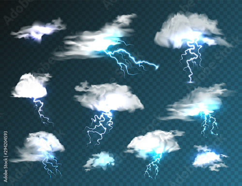 Realistic clouds with lightning set on transparent background. Thunderstorm and lightning bolt. Sparks of light. Stormy weather effect. Vector illustration.