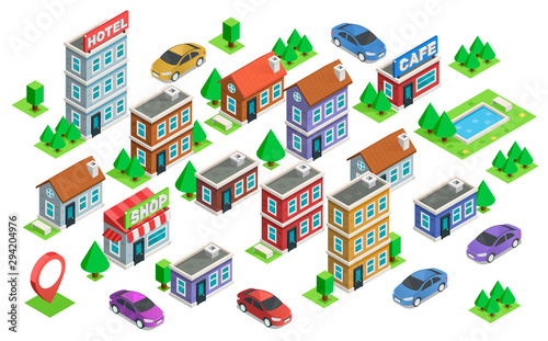Set of isolated isometric houses, cars and trees. Design elements with isometric building. City map generator. Isolated collection for your perfect design.