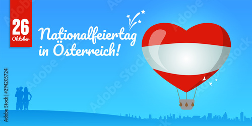 26 Oktober, national holiday in Austria. Balloon in the colors of the Austrian flag and the silhouette of the family on the background of the city. Vector greeting card template.