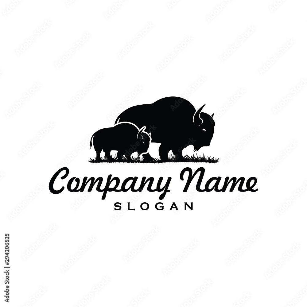 Obraz premium Simple Bison logo vector icon. buffalo bull fight with grass field Silhouette art classic modern look. For cool shirt cloth apparel graphic, game, smart phone app brand. Quiet friendly group gathering