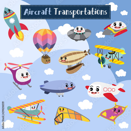 Aircraft Transportations cartoon set in perspective view vector illustration