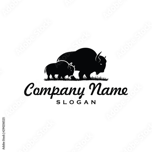 Simple Bison logo vector icon. buffalo bull fight with grass field Silhouette art classic modern look. For cool shirt cloth apparel graphic, game, smart phone app brand. Quiet friendly group gathering