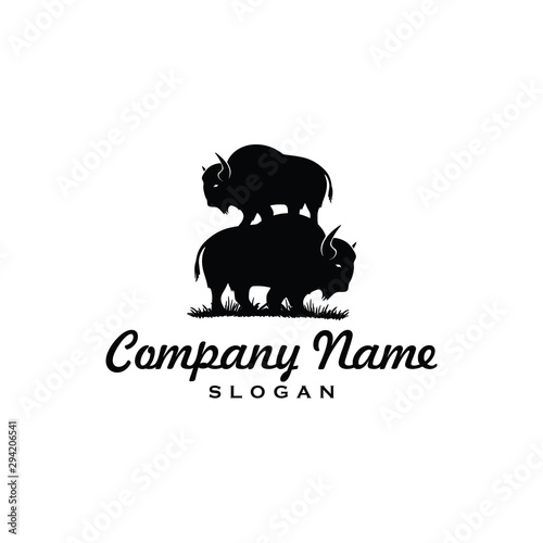 Simple Bison logo vector icon. buffalo bull fight with grass field Silhouette art classic modern look. For cool shirt cloth apparel graphic, game, smart phone app brand. Quiet friendly group gathering