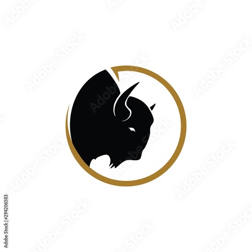 Simple Bison logo vector icon. buffalo bull fight with grass field Silhouette art classic modern look. For cool shirt cloth apparel graphic, game, smart phone app brand. Quiet friendly group gathering