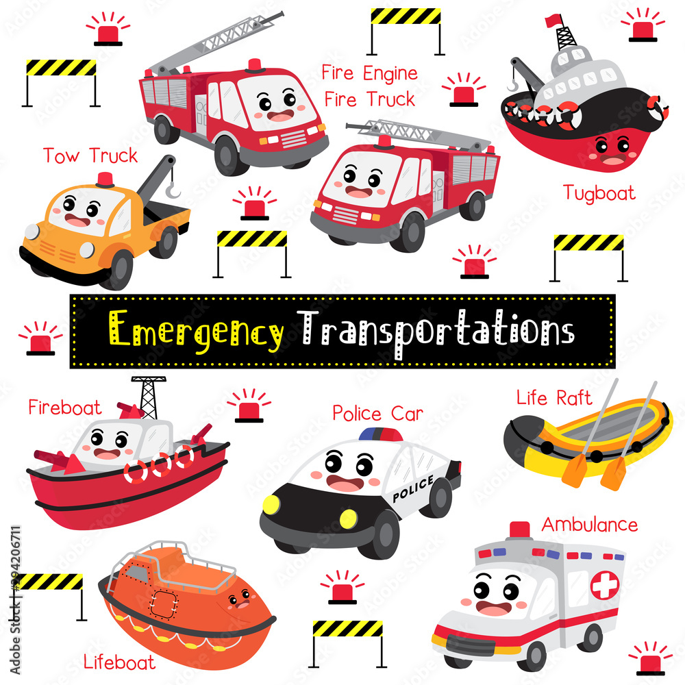 Emergency Transportations cartoon set with vehicles name vector illustration Stock Vector