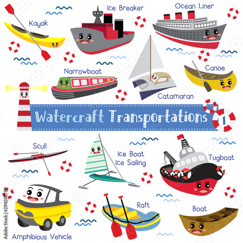 Foto Watercraft Transportations cartoon set with vehicles name vector illustration se