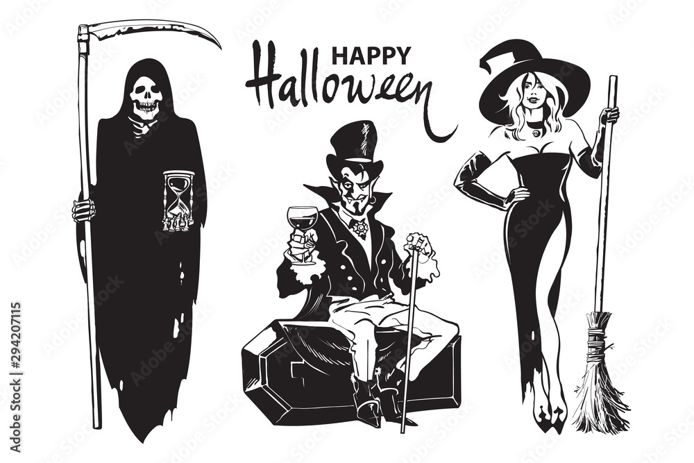 Halloween cartoon characters Death with scythe and hourglass Grim Reaper,  Count Dracula vampire, beautiful sexy witch holding broomstick. Happy  halloween lettering. Vector. Stock Vector | Adobe Stock