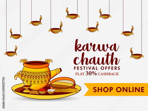 Creative vector illustration on sale poster or banner with decorated pooja thali for indian festival of karwa chauth celebration. festival for indian married couples.