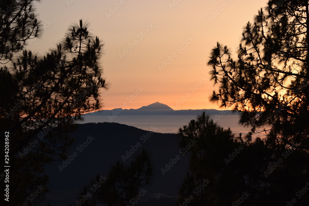 Teide view from Gran Canaria Island. Sunset.