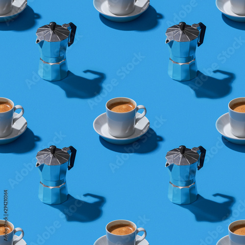 Espresso and moka pot  on blue background seamless pattern stock photo