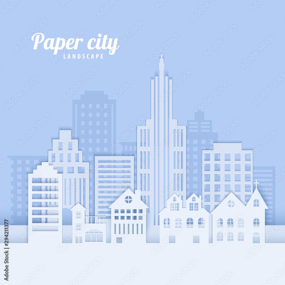 City landscape in paper cut style. White papercut office and residential buildings for city ecology brochures, environmental Protection, housing rental advert. Vector card architecture panorama.