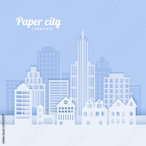 Fototapeta Naklejka Na Ścianę i Meble -  City landscape in paper cut style. White papercut office and residential buildings for city ecology brochures, environmental Protection, housing rental advert. Vector card architecture panorama.