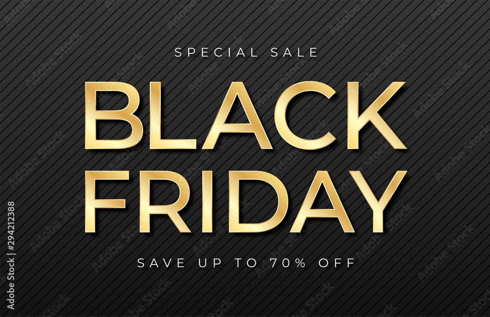 Black Friday sale banner. Shiny golden text on dark and luxury background. Black Friday promotion and advertising, special offer and sale. Banner and poster, brochure and flyer design concept