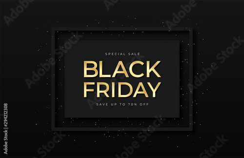 Black Friday sale banner. Shiny golden text in frame with glitter and confetti. Luxury dark background. Black Friday advertising, special offer and sale. Banner and poster, brochure and flyer design photo