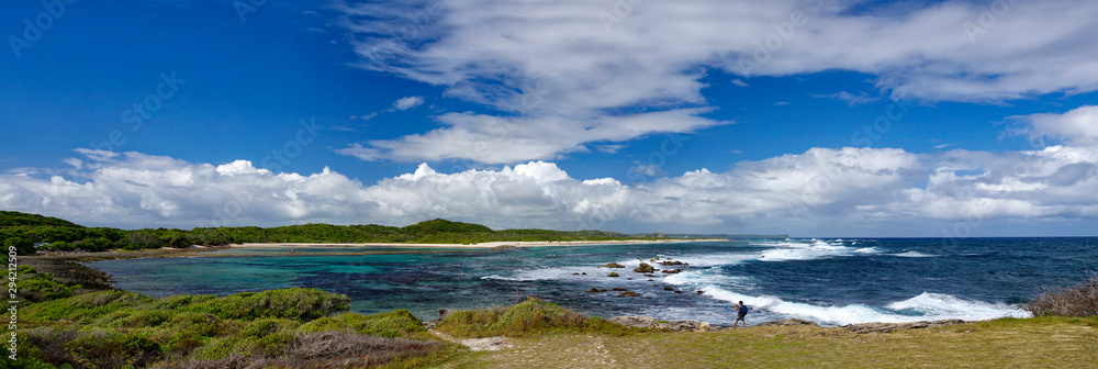 La Pointe des Chateaux Castles headland is a peninsula that extends into the Atlantic Ocean from the Eastern coast of the island of Grande-Terre, in Guadeloupe, french West Indies.panoramic view