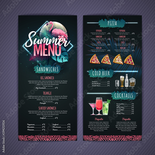 Summer menu design with flamingo and tropic leaves. Restaurant menu
