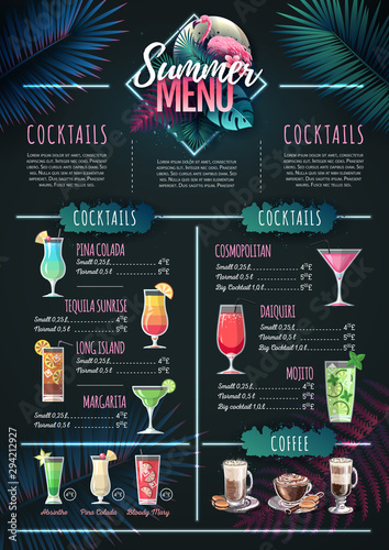 Summer menu design with flamingo and tropic leaves. Restaurant menu
