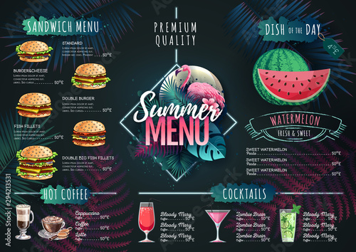 Summer menu design with flamingo and tropic leaves. Restaurant menu