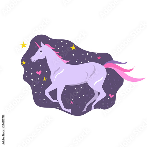 Magical violet unicorn with a bright pink mane, tail and a horn on a starry night background. Poster, t-shirt composition, handmade print. Vector illustration.