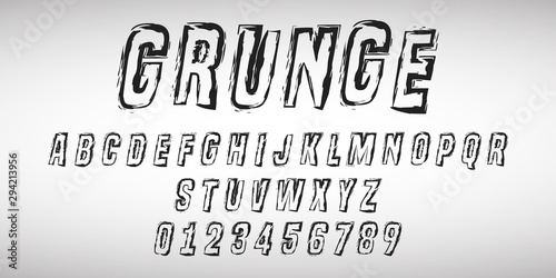 Alphabet letters and numbers of grunge design. Distressed line font template. Vector illustration