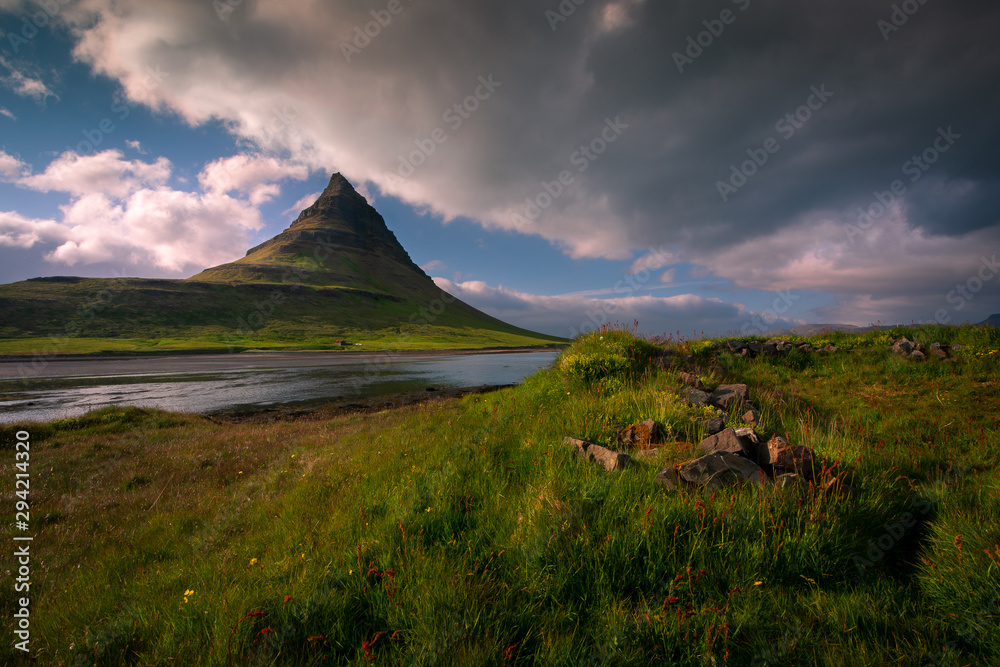 Beautiful clouds over the Kirkjufell mountain