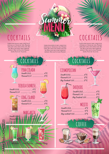 Summer menu design with flamingo and tropic leaves. Restaurant menu