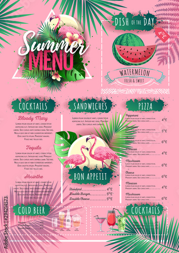 Summer menu design with flamingo and tropic leaves. Restaurant menu