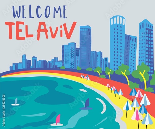Tel Aviv skyline with buildings  blue sky. Vector illustration Business travel and tourism concept with modern architecture. Image for presentation. Banner Poster and website.