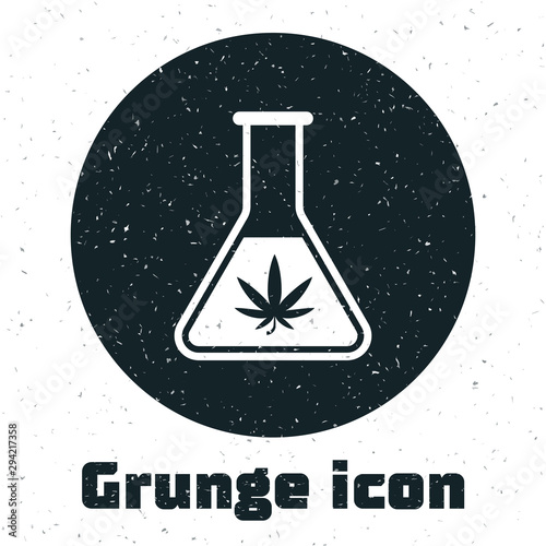 Grunge Chemical test tube with marijuana or cannabis leaf icon isolated on white background. Research concept. Laboratory CBD oil concept. Vector Illustration