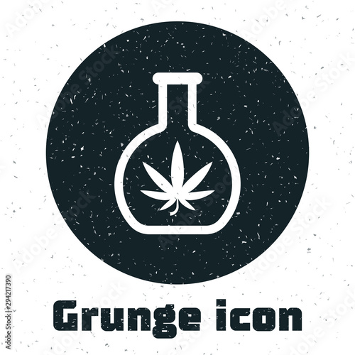 Grunge Chemical test tube with marijuana or cannabis leaf icon isolated on white background. Research concept. Laboratory CBD oil concept. Vector Illustration